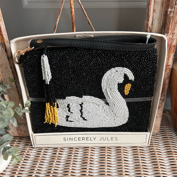 Sincerly Jules Handbags - Sincerely Jules black and white swan beaded wristlet pouch